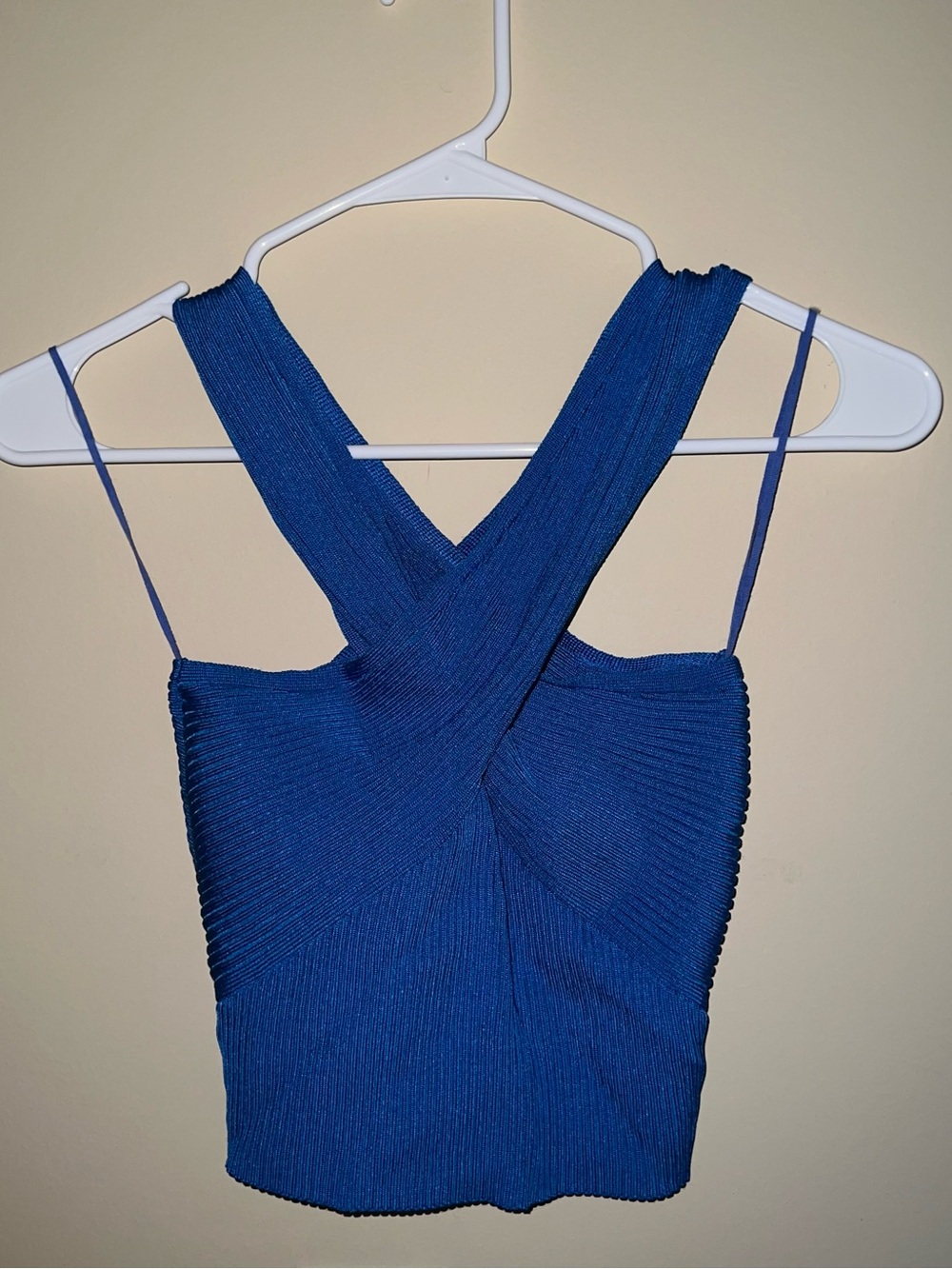 Blue Ribbed Cross-Front Crop Top